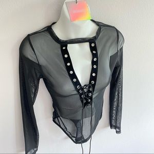 Misguided Mesh Plunge Cage Long Sleeves Sheer Black Bodysuit Goth See Tru Velvet